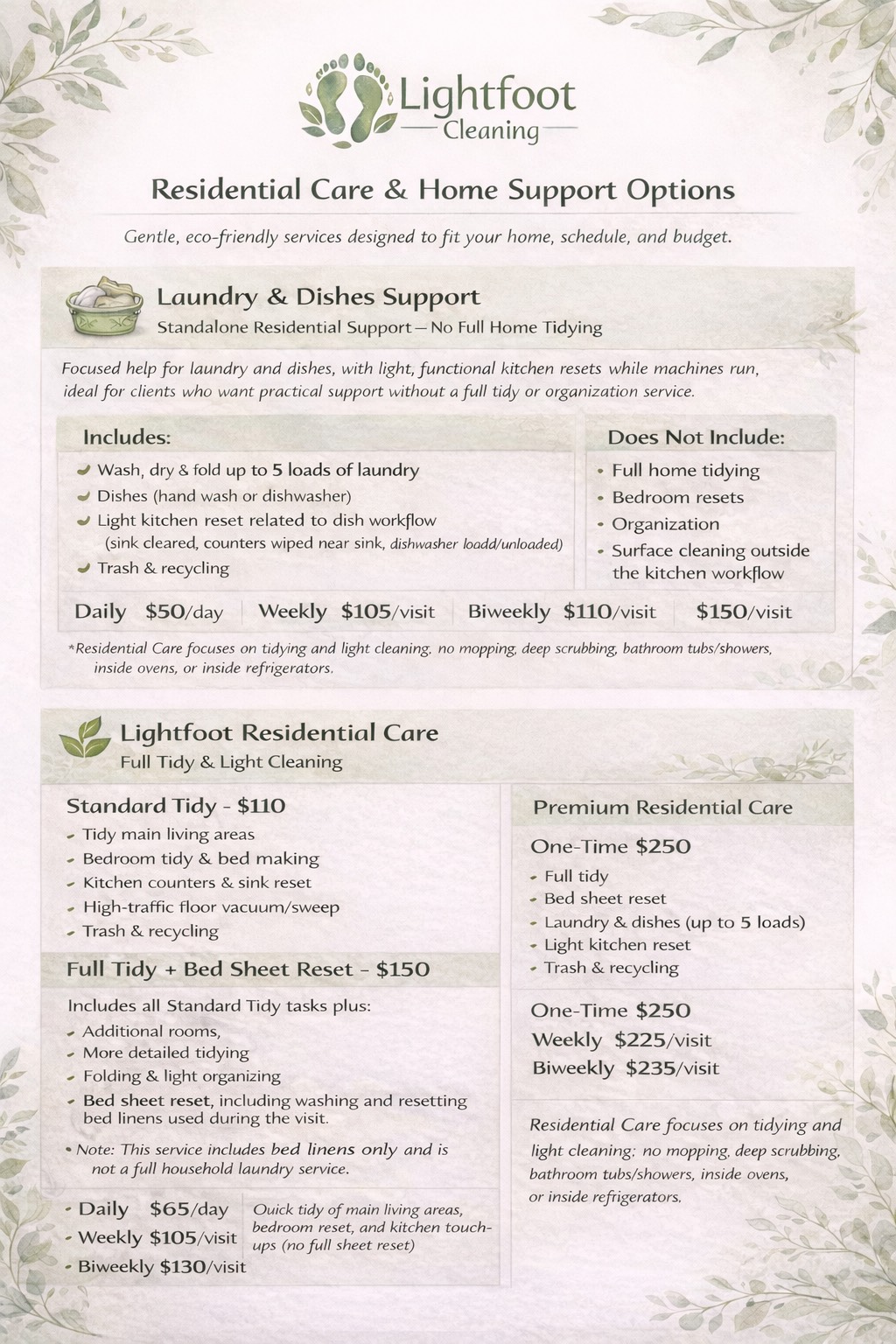Lightfoot Cleaning Residential Care & Home Support Pricing